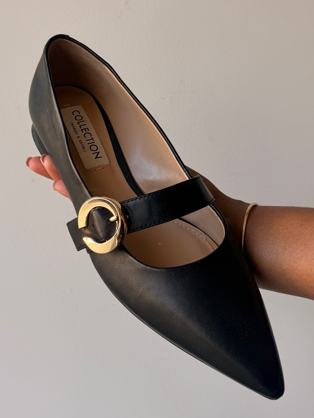 Charles & Keith Black Pointed Mary Jane Flats with Gold Buckle Accent